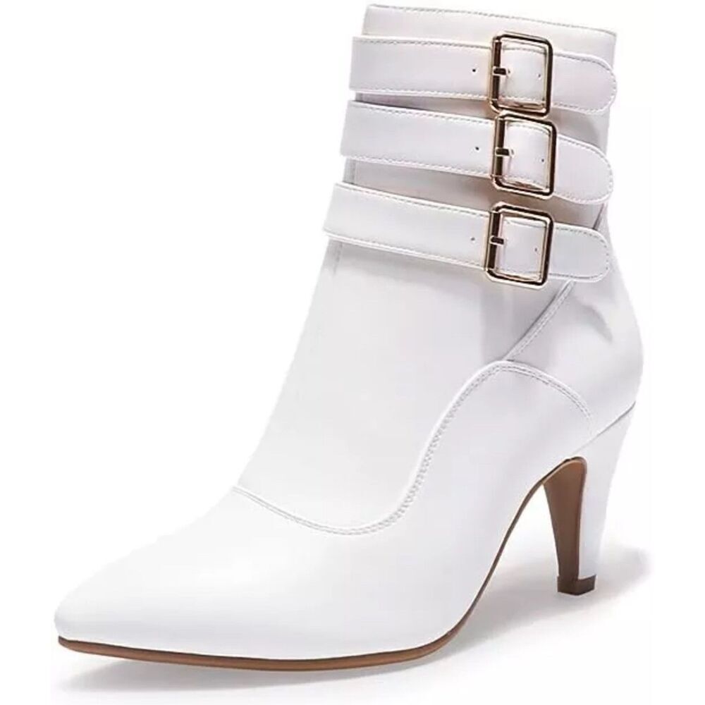 Womens  Ankle Booties Pointed Toe Zipper Heels Boots basic chic white Sz10.